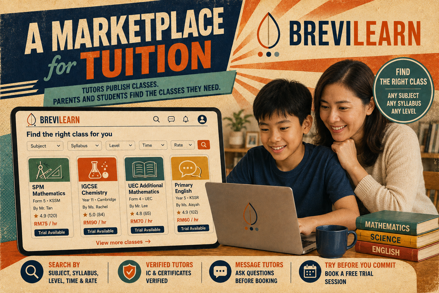A parent and student browsing BreviLearn class listings together on a laptop — the interface shows search filters for subject, syllabus, level, time and rate, with class cards for SPM Mathematics, IGCSE Chemistry, UEC Additional Mathematics and Primary English.