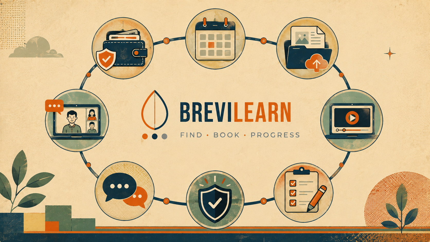 Circular diagram centred on the BreviLearn logo with eight surrounding icons — secure payments, scheduling, materials, virtual classroom, progress tracking, trust, messaging, and live learning — illustrating the parts of the platform around the Find · Book · Progress journey.