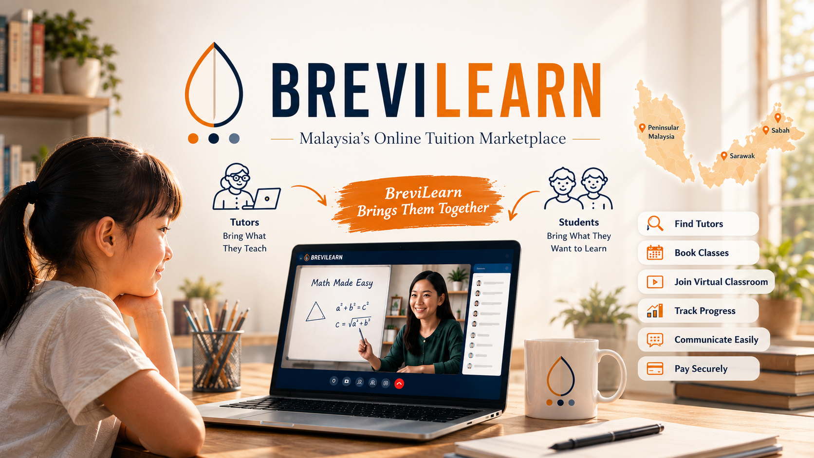 A BreviLearn student attending an online tuition class on her laptop, alongside a map of Malaysia marking Kuala Lumpur, Penang and Selangor, the BreviLearn logo, and a list of platform features — Find Tutors, Book Classes, Join Virtual Classroom, Track Progress, Communicate Easily, Pay Securely.
