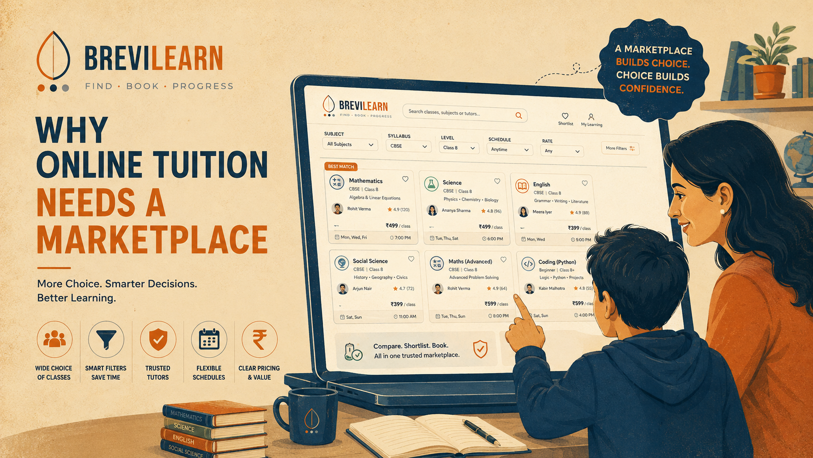 BreviLearn online tuition marketplace illustration showing a parent and student browsing classes by subject, syllabus, level, schedule and rate.