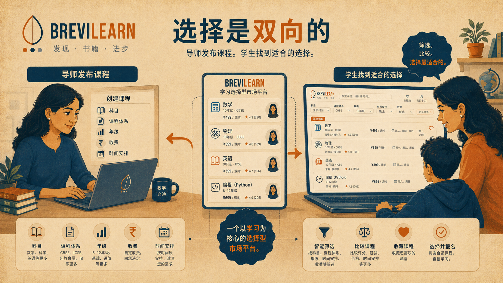 选择是双向的——导师发布课程，学生寻找合适选择