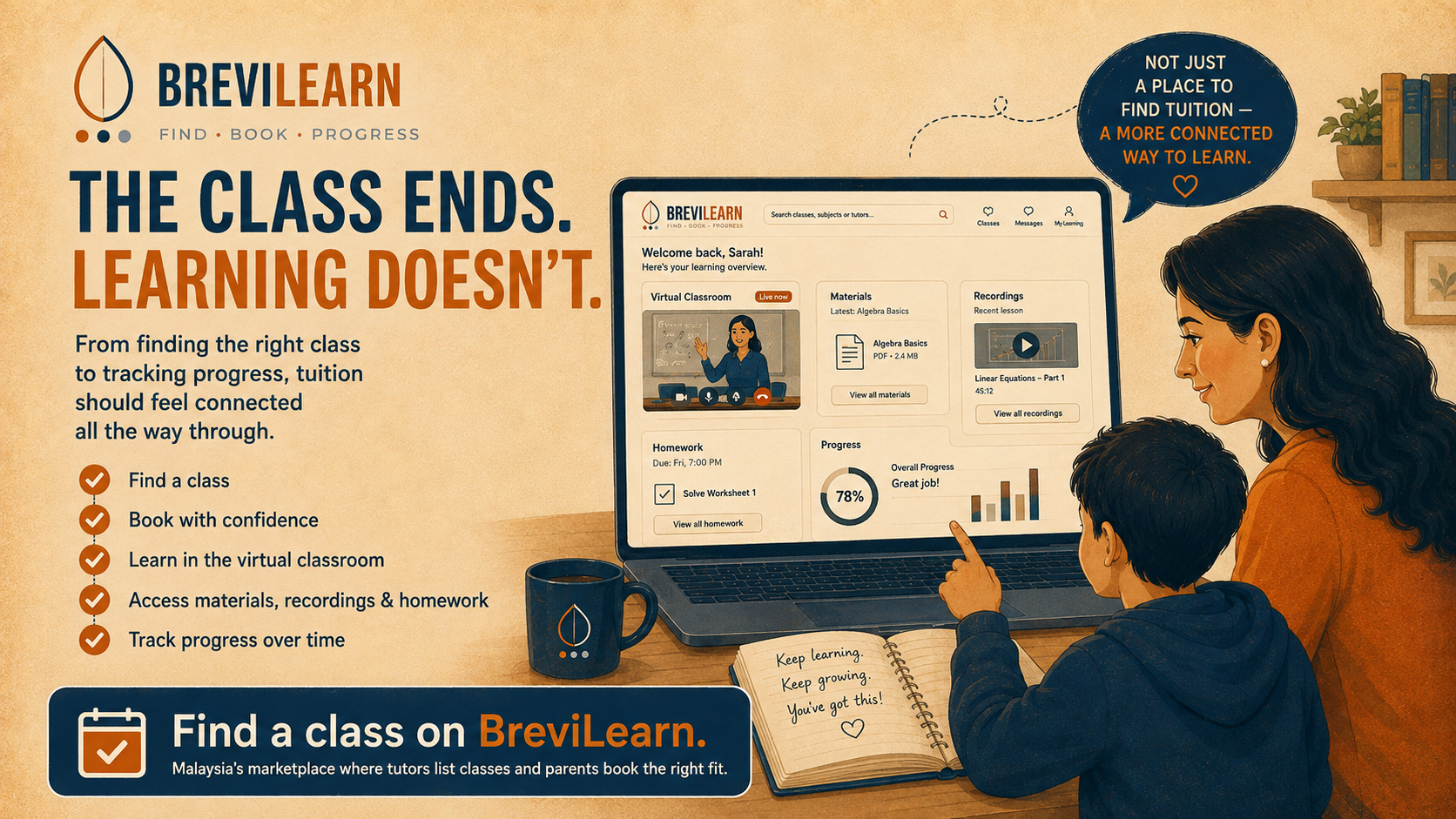 BreviLearn conclusion showing a connected tuition journey from class discovery to ongoing progress