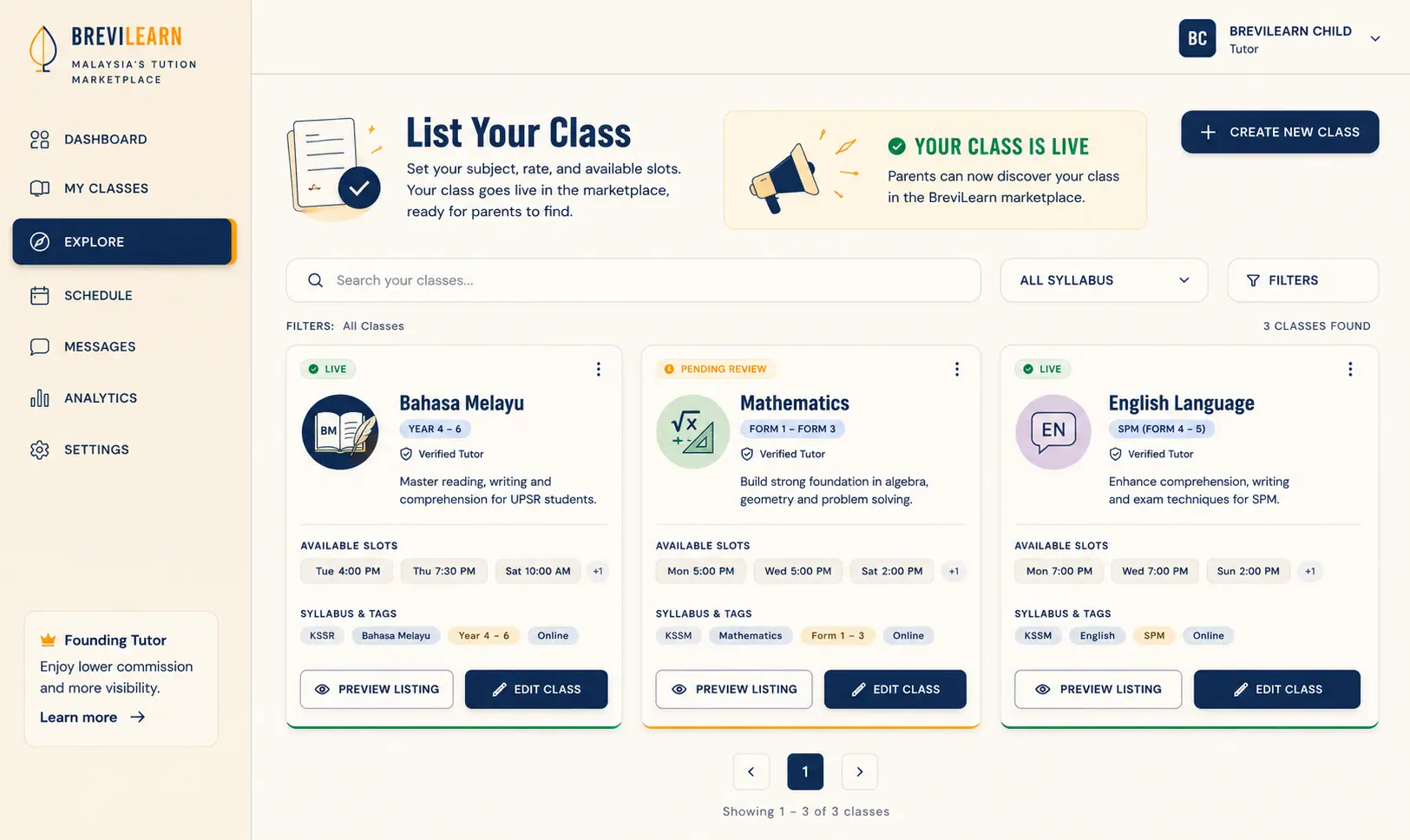 BreviLearn tutor dashboard showing class listing.