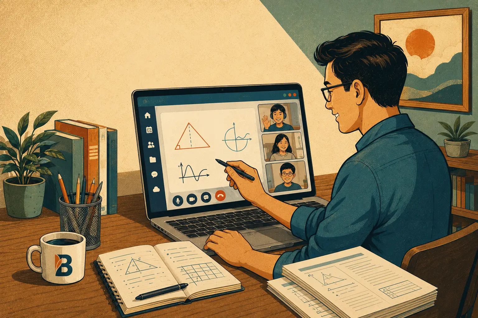 Tutor teaching an online class with students joining via video call.
